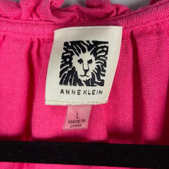 Anne Klein, Size Large, Bright Pink Linen Blend Blouse, Flutter Sleeves, Gold - Picture 2 of 7